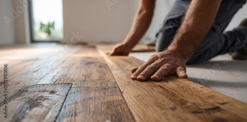 Close-up of a craftsman's hands installing wood plank flooring in natural light, showing texture and precision.
