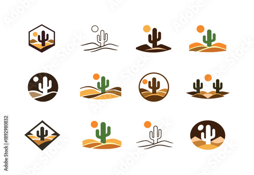 Desert Icon Set. Vast desert. Icon set. Set Logo of vast desert: lone cactus on open sand. harmonious logo variations of the same emblematic concept, each with