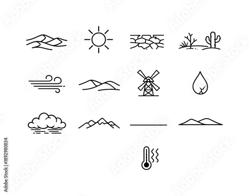 Arid Icon Set. Arid environment. Line icon set of Arid environment: dry dunes, scorching sun, cracked earth, sparse vegetation, wind gust lines, barren hills,