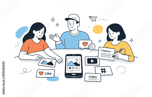 Creative Content Planning. Social media content planning. Team discussing visuals and captions around cards and a smartphone, calm collaboration and creative