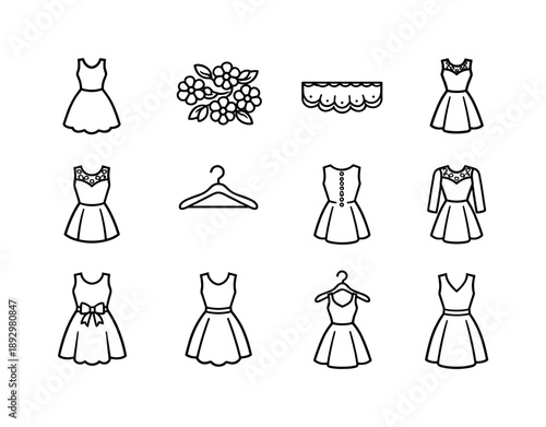 Lace Dress Icon Set. Lace Dress. Line icon set of Lace Dress: lace dress silhouette, floral lace pattern, scalloped hem, fitted bodice, flared skirt,