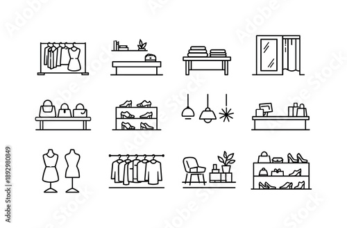Fashion Boutique Icons. Fashion Boutique Interior. Line icon set of Fashion Boutique Interior: boutique clothing racks, minimalist store layout, folded clothes