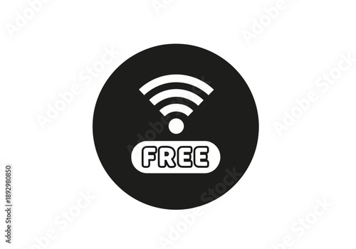 A fine circle free wifi icon in black circle with white text and signal waves