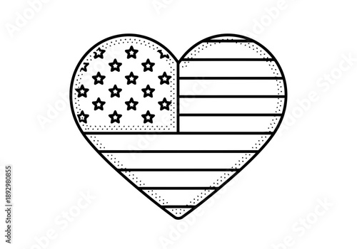 A simple but stylish outline heart shape with American flag pattern inside coloring page style