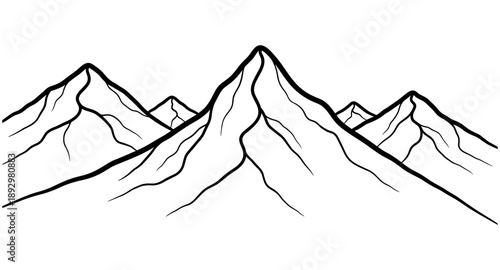 Minimalist black and white line art drawing of majestic mountain peaks against a white background