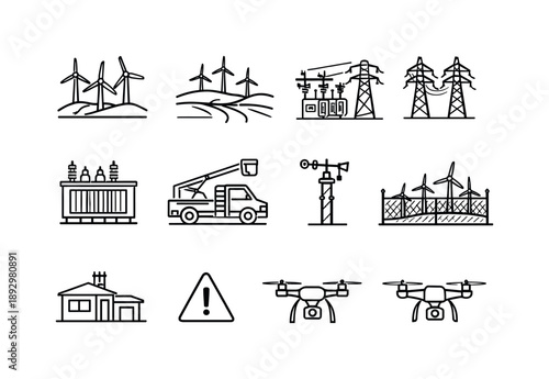 Wind Farm Icons. Wind Farm. Line icon set of Wind Farm: multiple wind turbines, landscape hills, access road, substation, power cables, transformer,