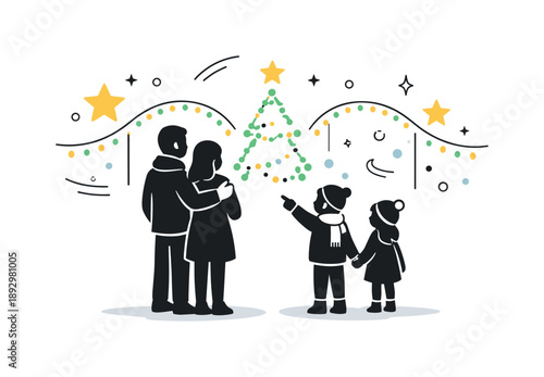 Holiday Lights Joy. Family looking at holiday lights. Parents and children standing together watching glowing holiday lights, calm silhouettes and gentle