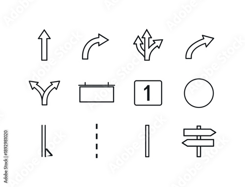 Highway Icons Set. Highway lane directions. Line icon set of Highway lane directions: straight arrow lane, curved arrow lane, lane merge arrows, exit ramp