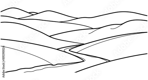 Minimalist line art landscape with rolling hills and a winding river path