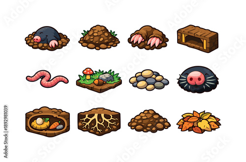 Colorful Mole Icons. Mole. Colorful isometric vector icons set of mole: burrowing mole, molehill mound, digging paws, soil tunnel, earthworm, forest floor