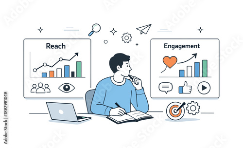 Marketing Metrics Analysis. Social media marketing strategy. Professional analyzing reach and engagement metrics on simple charts, thoughtful review and