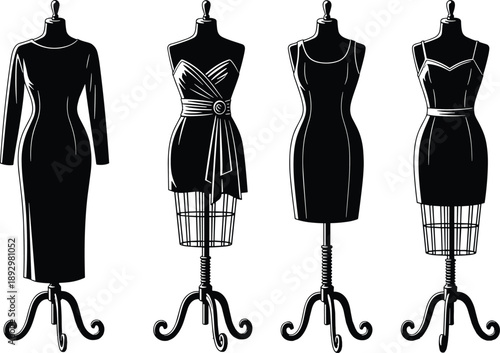 Fashion dress mannequin silhouette set with elegant women clothing forms, black and white tailor dummy figures for couture and design illustration
