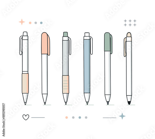 Neutral Pens Artfully Arranged. Neutral pen collection. Pens in soft neutral tones arranged symmetrically, consistent proportions and clean tips. Balance,