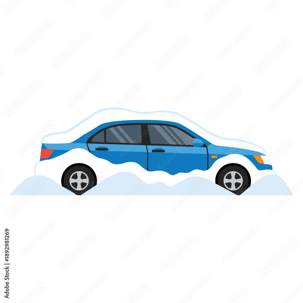Fototapeta premium Car stuck in deep snow on winter road illustrating cold weather transportation problems, loss of mobility, and driving risks during severe winter conditions, flat vector illustration