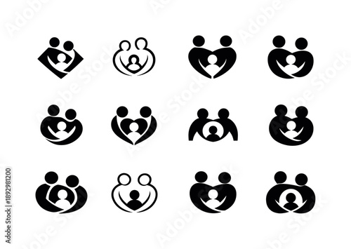 Family Bonding Icons. Family bonding. Icon set. Set Logo of Family bonding: parent and child figures. harmonious logo variations of the same emblematic