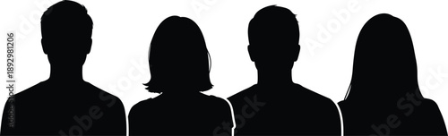 Row of anonymous human head and shoulder silhouettes representing diverse male and female profiles isolated on white background for identity, avatar, and design use