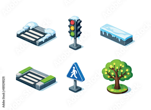 Colorful Isometric Winter Street. Street. Isometric flat vector icons set of Street: winter crosswalk with snow, traffic light in cold weather, icy curb edge,