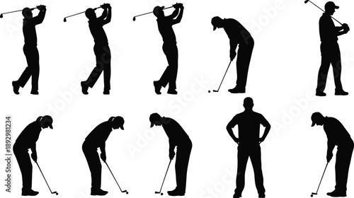 Set of black golfer silhouettes showing swing, putting, and standing poses isolated on white background for sports design and illustration use