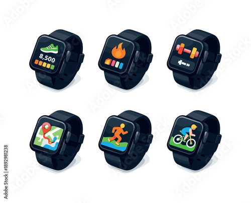 Colorful Fitness Trackers Grid. Fitness tracker. Isometric flat vector icons set of fitness tracker: smartwatch step counter screen, calorie tracking