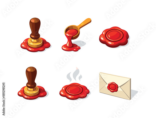 Wax Seal Icon Set. Classic wax stamping. Isometric flat vector icons set of classic wax stamping: stamp pressing action, wax pour motion, finished seal view,