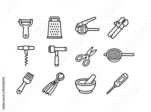 Kitchen Tool Icons. Kitchen Tools. Line icon set of Kitchen Tools: peeler, grater, garlic press, can opener, corkscrew, meat tenderizer, kitchen shears, sieve,
