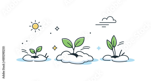 Spring's Gentle Emergence. Spring growth emerging. Small plants pushing through melting snow in a minimal landscape. Soft motion lines emphasize patience and