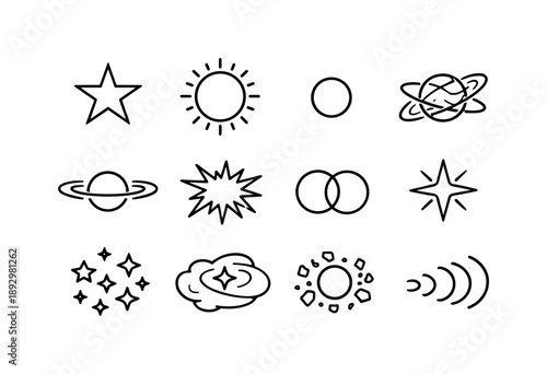 Stellar Icon Set. Stellar objects. Line icon set of stellar objects: star, giant star, dwarf star, neutron star, pulsar, supernova blast, binary star, variable