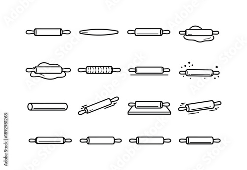 Rolling Pin Icons. Rolling Pin. Line icon set of Rolling Pin: classic rolling pin, wooden pin, pin with handles, dough rolling, pastry flattening, textured
