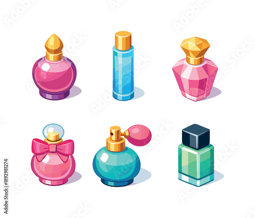 Isometric Perfume Icon Set. Cosmetic scent. Isometric flat vector icons set of cosmetic scent: elegant perfume bottle, tall slim perfume bottle, faceted