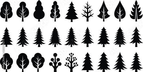 Set of black tree silhouettes featuring deciduous and conifer shapes isolated on white background for forest, nature, landscape, and environmental design projects