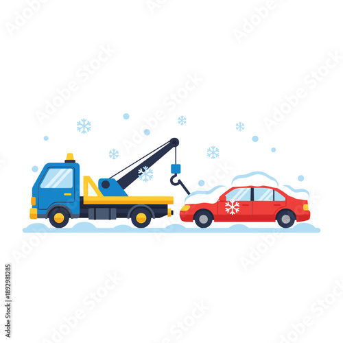 Tow truck evacuating broken car on snowy road illustrating winter vehicle breakdown, icy conditions, and emergency roadside assistance during cold weather