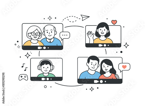 Virtual Family Connection. Video calling family illustration. Abstract scene of connected family members through screens and simple lines. Peaceful digital