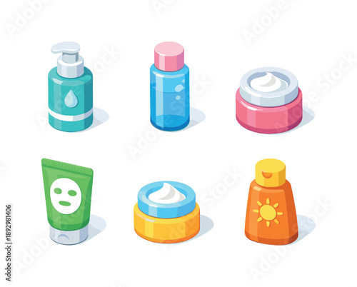 Colorful Skincare Icons Grid. Skincare routine. Isometric flat vector icons set of skincare routine: facial cleanser bottle, toner bottle, moisturizer jar,