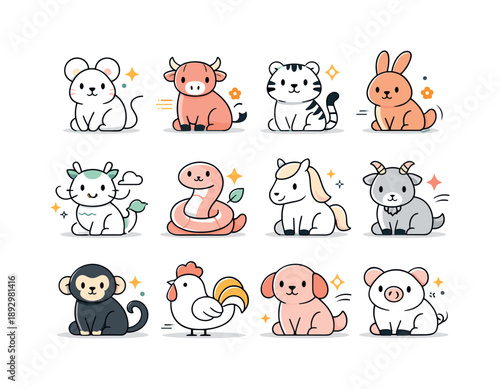 Modern Zodiac Design. Chinese zodiac animal character design. Soft geometric animal figure inspired by traditional zodiac years, approachable and modern look,