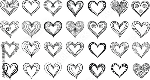 Black and white hand drawn hearts with various patterns love valentines day