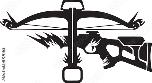 Black and white sketched of a crossbow and a gun with flames sketched crossbow