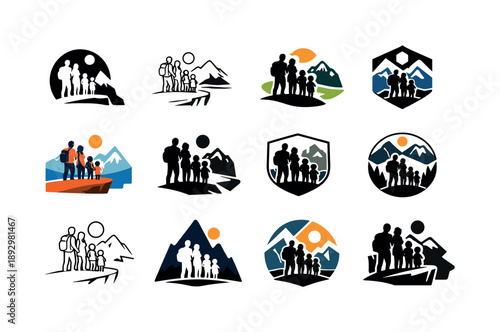 Family Hiking Logos. family hiking together. Icon set. Set Logo of family hiking together: family reaching scenic viewpoint. harmonious logo variations of the