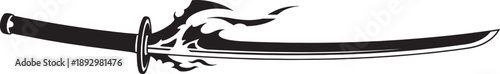 Black and white sketched katana sword with flame on blade