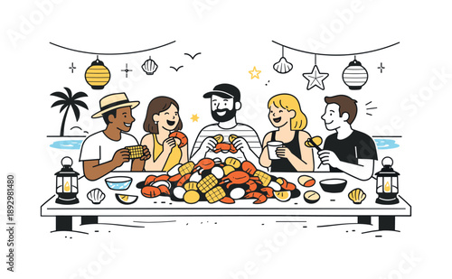 Seaside Seafood Celebration. Seaside seafood boil party. Friends gathered around a large table on the beach, enjoying a colorful seafood boil with shellfish,