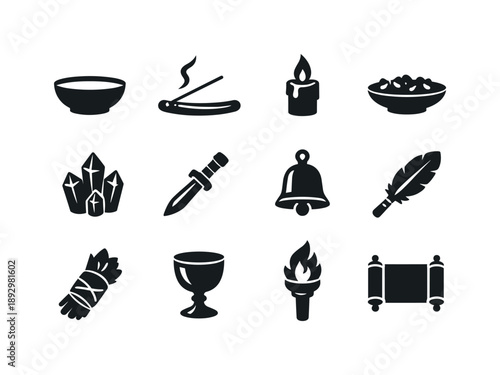 Ritual Tools Icons. Ritual tools. Solid icon set of ritual tools: ritual bowl, incense holder, candle flame, offering dish, healing crystal, ritual dagger,
