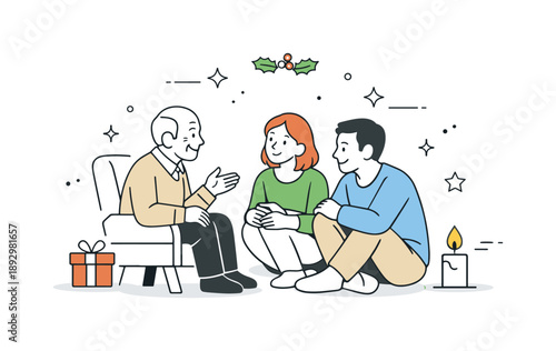 Holiday Companionship with Elderly. Spending holidays with elderly. Visitors listening attentively and offering companionship to an older person. Emotional