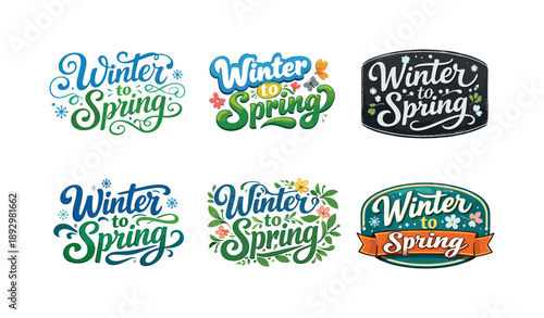 Seasonal Typography Grid. Winter to Spring. Set lettering. harmonious lettering variations of the same emblematic concept, each with different artistic