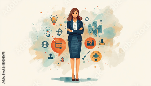 Businesswoman standing confidently with arms crossed surrounded by various office and technology icons in a colorful abstract background womens day