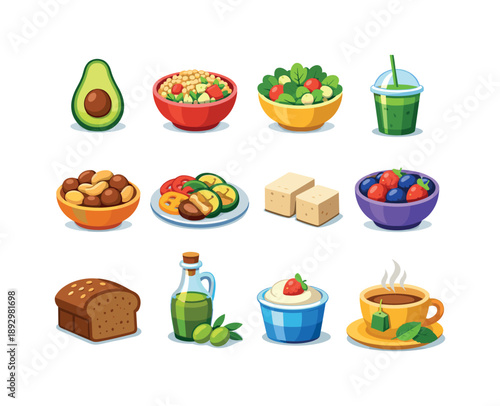 Healthy Food Icons. Healthy food. Colorful flat vector icons set of healthy food: avocado, quinoa bowl, green salad, smoothie cup, nuts mix, grilled veggies,