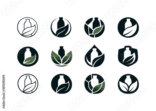 Plastic-Free Icons Collection. plastic-free lifestyle. Icon set. Set Logo of plastic-free lifestyle: eco leaf badge. harmonious logo variations of the same