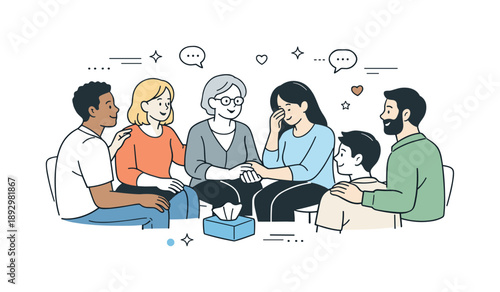 Community Support Gathering. Community support session. A diverse group gathered together, offering presence and understanding. Friendly interaction and