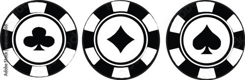 Poker chips color icons vector set. Playing poker concept. Isolated Casino poker chips of spade, tile, & heart shape design silhouette vector.