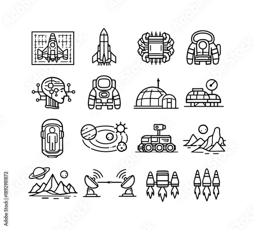 Space Mission Icons. Future space missions. Line icon set of Future space missions: spacecraft blueprint, interstellar rocket, fusion engine, navigation AI,