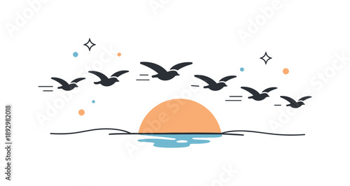 Birds Returning Home. Birds coming back illustration. Minimal silhouettes of birds flying toward the horizon, creating a peaceful sense of return and