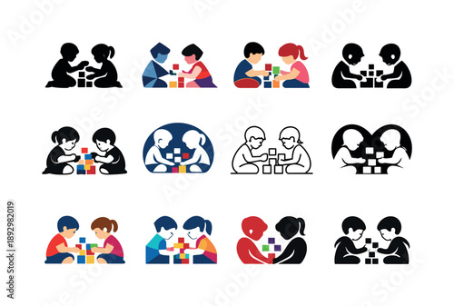 Siblings Playing Logos. Siblings playing. Icon set. Set Logo of siblings playing: children building with blocks together. harmonious logo variations of the